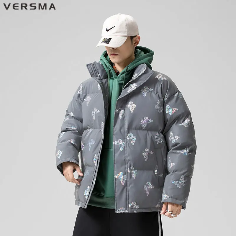 Versma Koreaanse Harajuku Trendy Reflecterende Vlinder Print Parka Mannen Winter Stand Kraag Katoen Gevoerde Parka Vrouwen Dropshipping