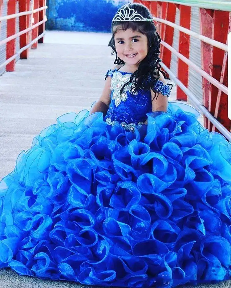 Sweet Royal Blue Ruffles Pageant Dress for Little Kids Ball Gown Tiered Organza Children Beaded Crystal Flower Girl Dresses