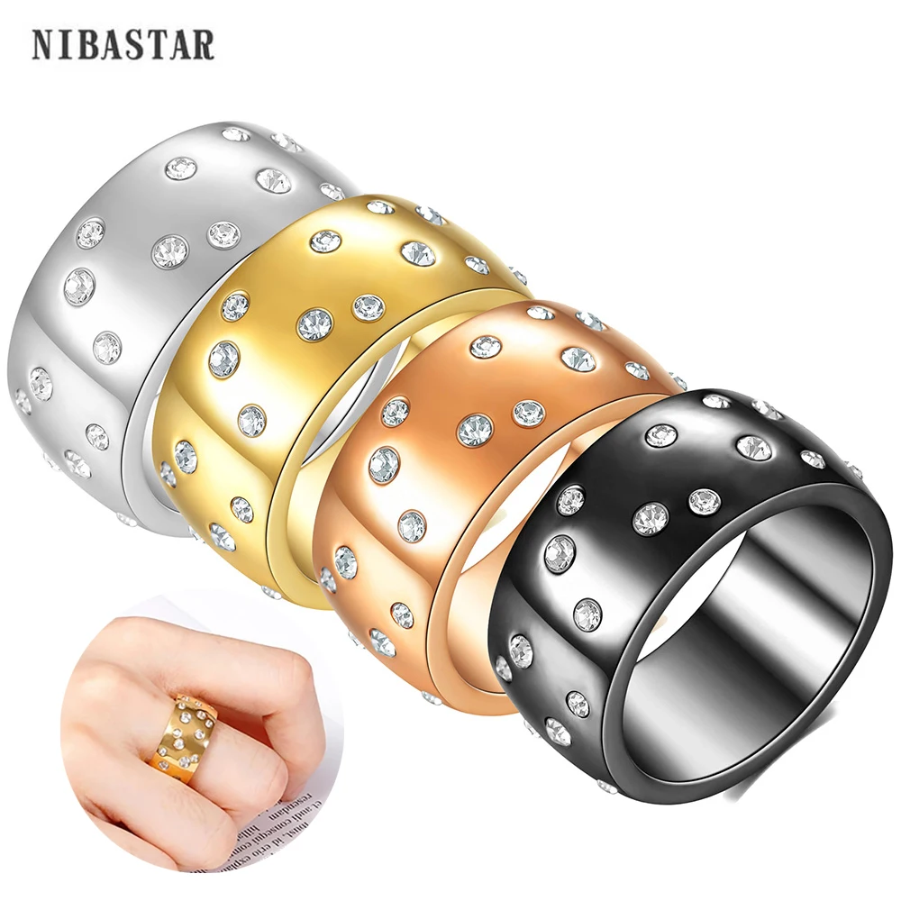 NIBASTAR Inlaid With Shiny Crystal Width Ring For Woman Stainless Steel Fashion Simple Individuation Shining Ring Party Jewelry