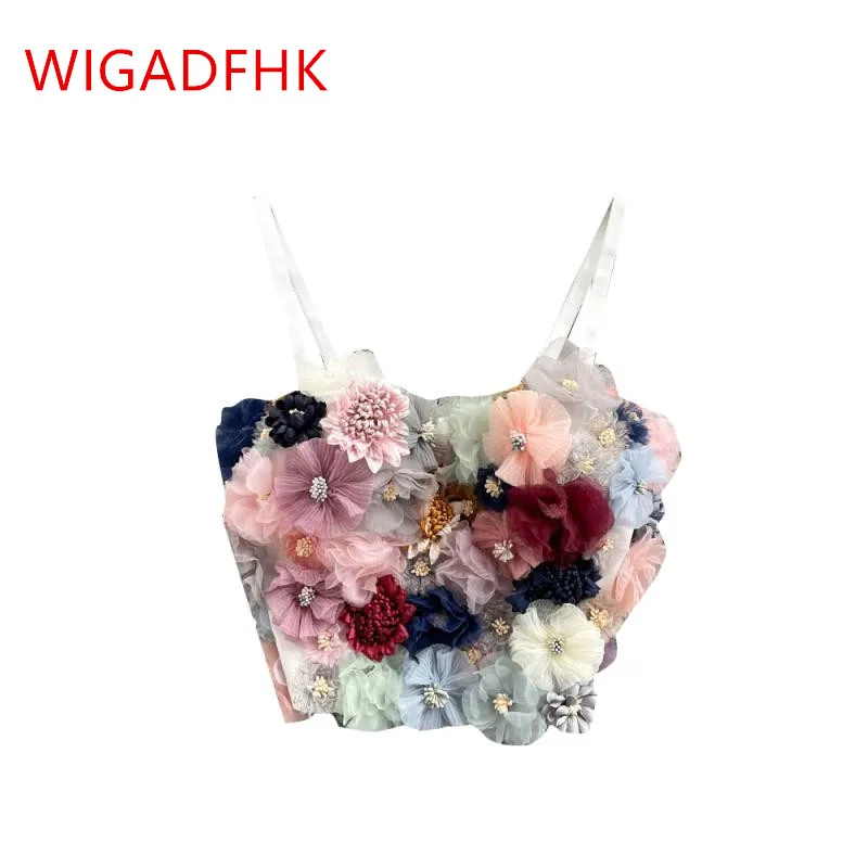 WIGADFHK Sexy 3d Flowers Crop Top Fashion Sling Corset Top Festival Outfit Rave Club for Women Party Elegant Sweet Bra