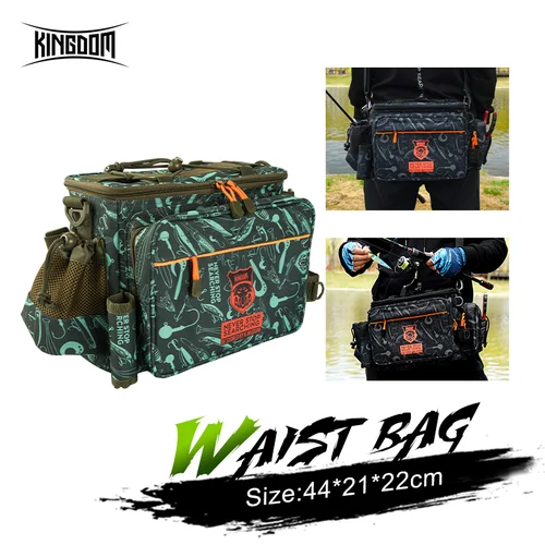 Kingdom-Bolsa de aparejos de pesca multifuncional, 44x21x22cm, nailon 1000D, impermeable, gran capacidad, bolso de hombro para pesca deportiva al aire libre