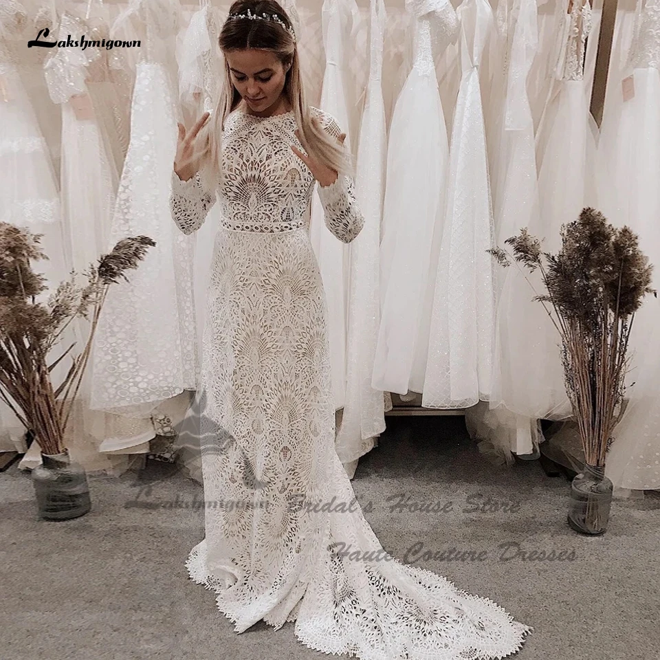 Vestido de noiva Lakshmigown-Boho Lace Mermaid para mulheres, manga comprida, vestidos de noiva sexy, roupinha sem costas, praia e casamento, 2022