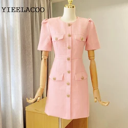 spring / autumn dress Small fragrant wind 2021 New Light Luxury Elegant Mini dress Pink Short sleeve Women Tweed Dress