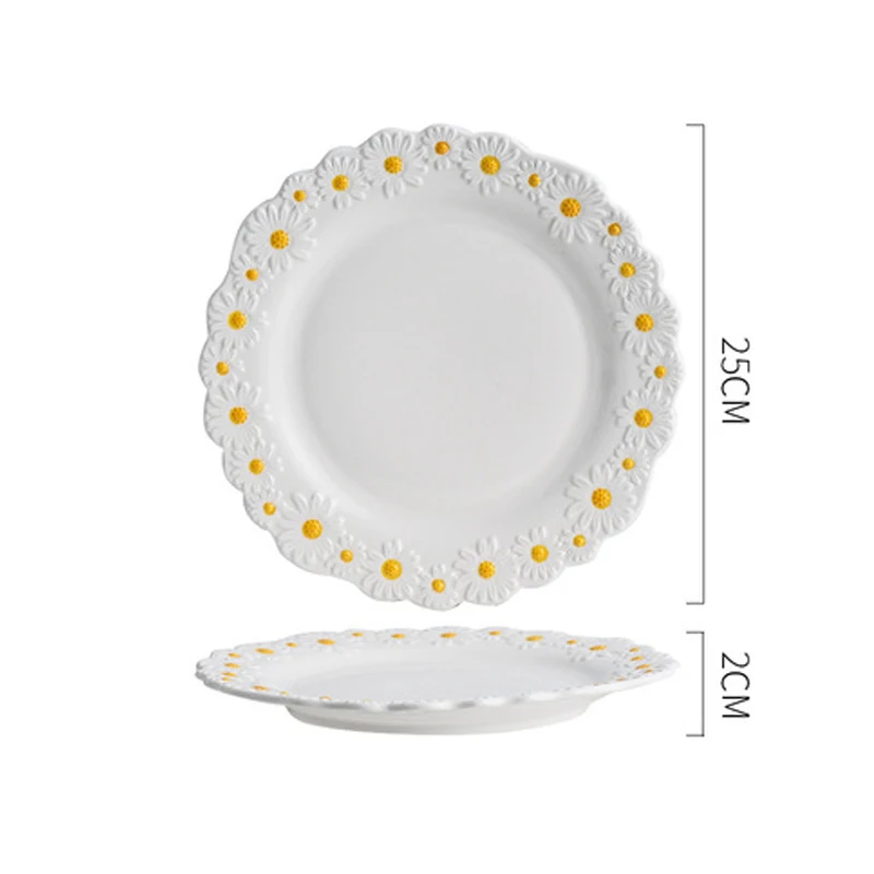 Ceramic Embossed Little Daisy Plate Dinner Set Household Dishes Rice Soup Bowl Meal Plate Bakeware Kitchen Tableware