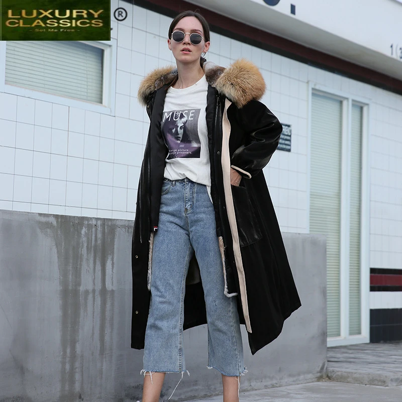 

Coat Winter Real Fur Female Natural Rabbit Fur Liner Jacket Large Fox Fur Hooded Clothes 2021 Korean Warm X-Long Coat 006