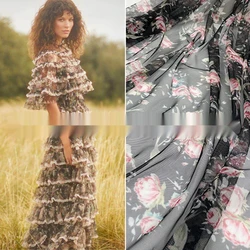 2021 Brand Rose Flower Digital Printing Net Yarn Fabric 100% Polyester Haute Couture Fabric for Dress Sewing by Yard