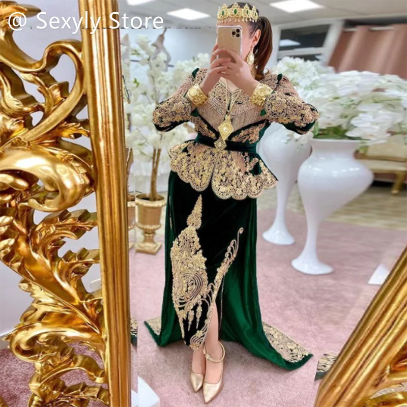 Karakou Algerian Evening Dress With Beaded Long Sleeve Velvet Muslim Prom Gown Arabic Turish Formal Robe De Mariée Customized