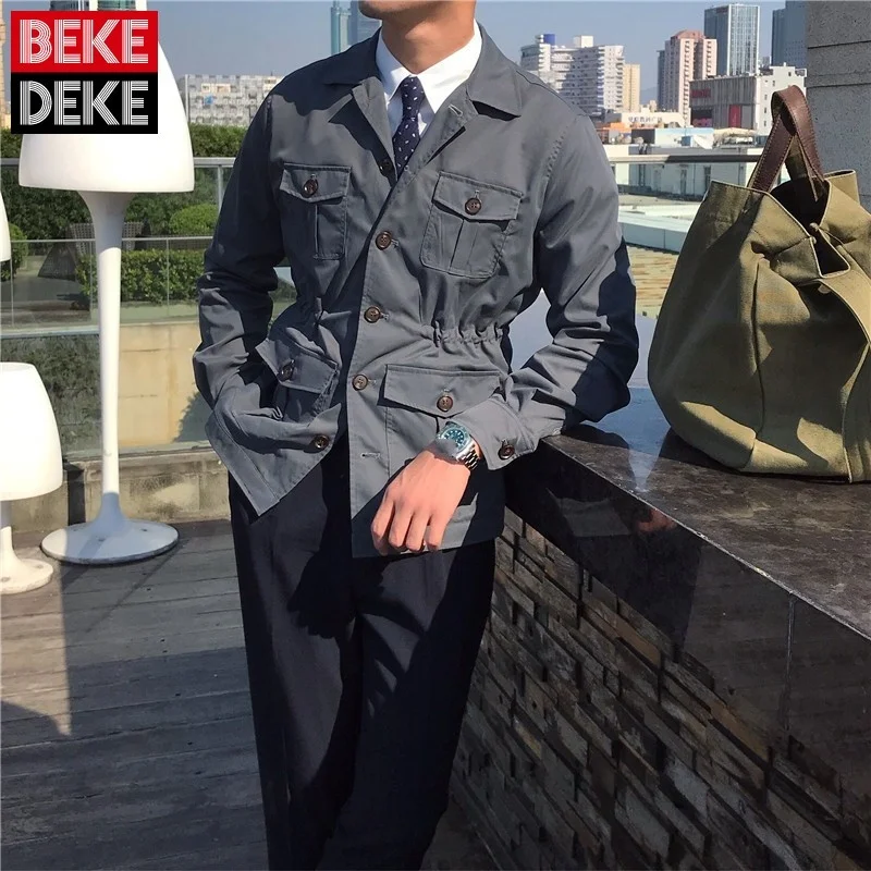 Mens New Gentleman Casual Jackets Turn-Down Collar Single Breasted Pockets Adjustable Waist Fashion Vintage Korean Style Coat