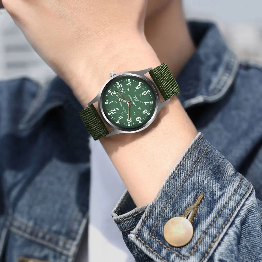 Reloj Hombre Fashion Green Watches Men Sports Watches Nylon Strap Auto Date Quartz Wristwatches Luminous Hands Relogio Masculino