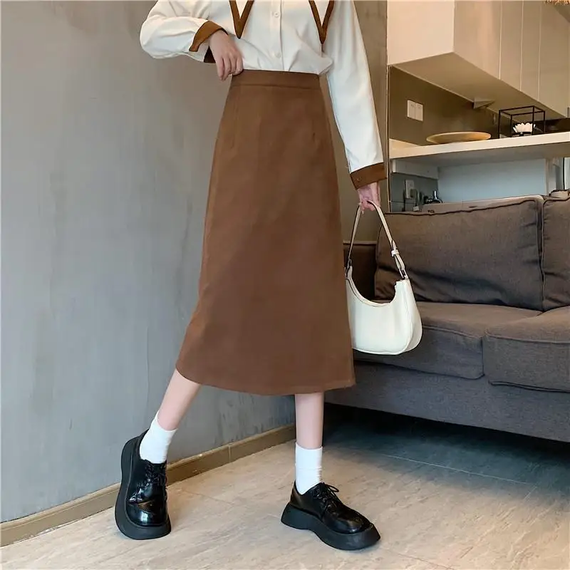 Calf-length Skirts Woolen Cozy Autumn All-match High Waist Behind-slit Body-con A-line Fashion Elegant Ladies Simple New Popular