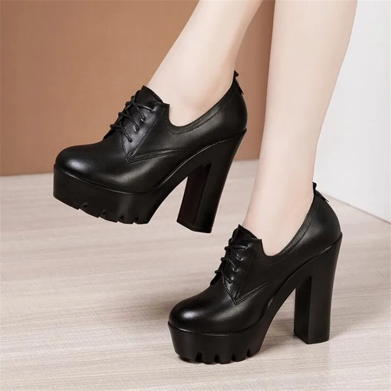 Women Pumps Shoes Deep Mouth Pointed Toe Leather Shoes Spring Autumn Black High Heels Fashion Lace up Office Shoes Ankle Boots