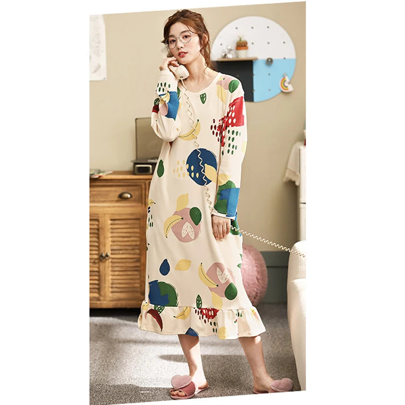Women Nightgowns 2021 New Spring And Autumn Cotton Female Nightdress Long-Sleeve Sleepwear Student Loose Korean Style Q10