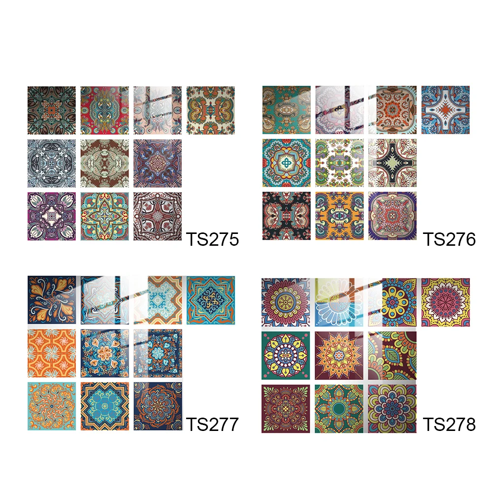 Pegatina de pared autoadhesiva para baño y cocina, calcomanía de Mandala de 10 piezas, murales coloridos, decoración del hogar, 10x10cm