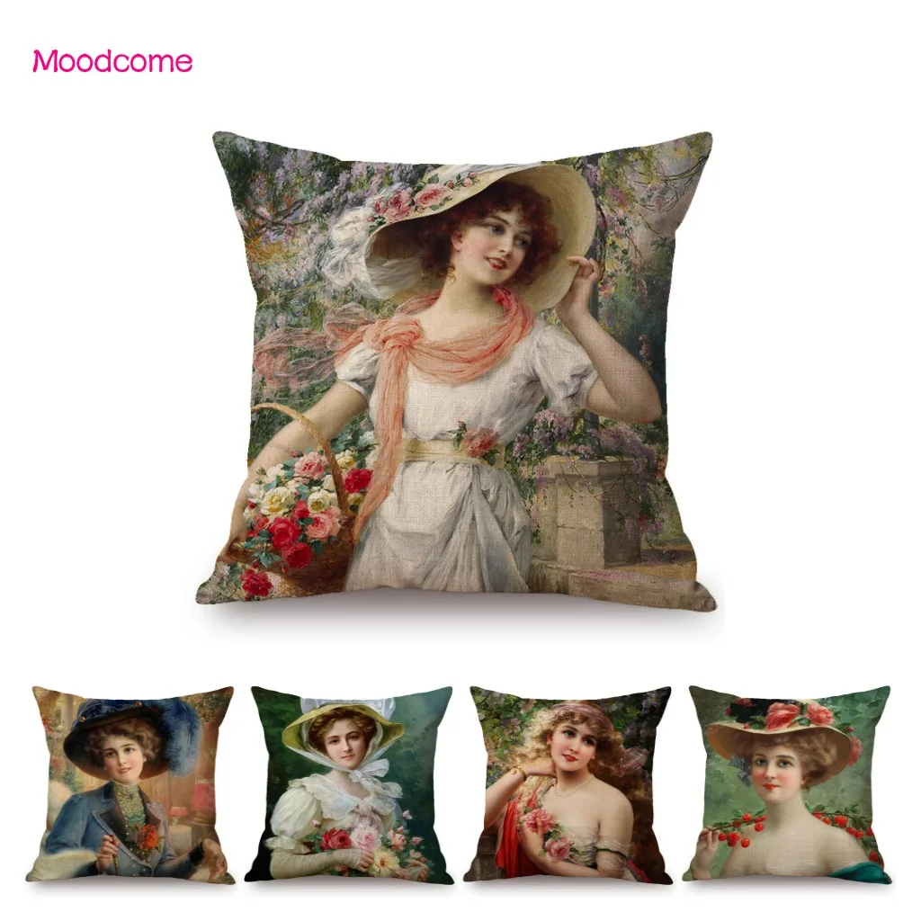 French Academic Aestheticism Emile Vernon Elegant Young Woman Lady With Rose Flower Sofa Throw Pillow Case Linen Cushion Cover