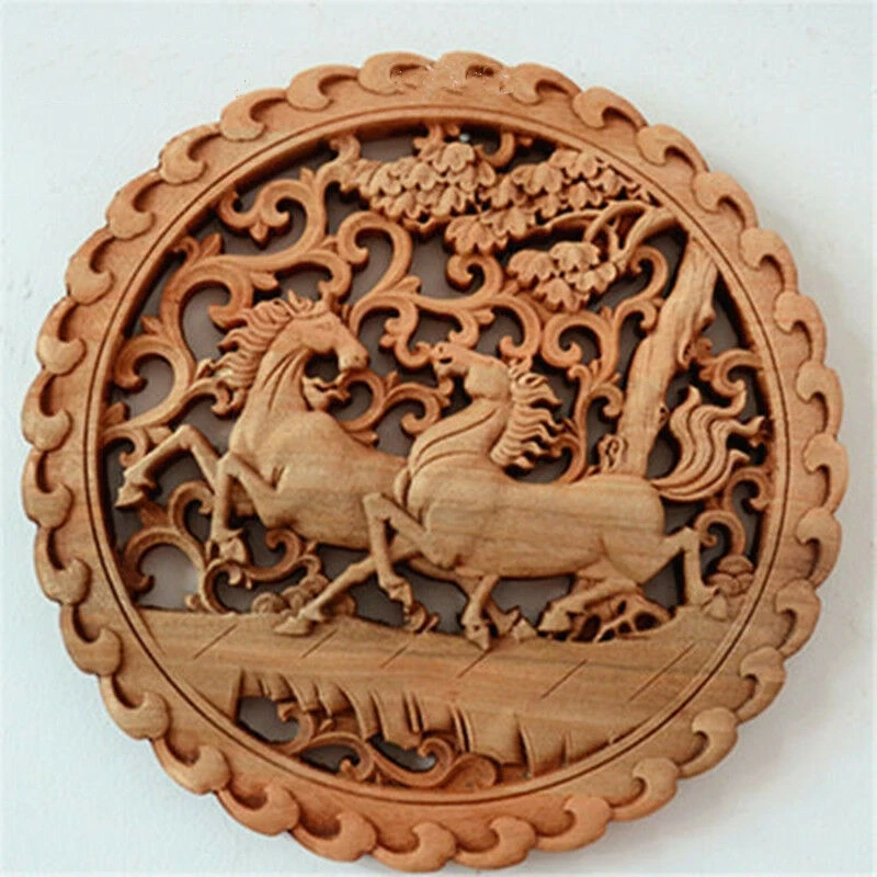 Chinese Hand-Carved Horse To Success Statue Camphorwood Round Board Wall Sculpture