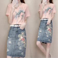 Summer Women 2 Piece Sets Embroidery 3D Flower T-shirt +Denim Skirt Sets Vintage Beading Heavy Work Skirts WOmen Outfit 3XL Y716