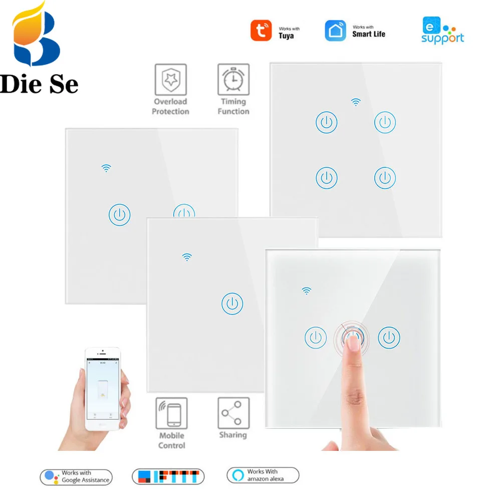 

WiFi Smart Lighting Switch Glass Panel Touch Switch Compatible with Tuya App, Work with Alexa , Google Home Smart Wall Switch