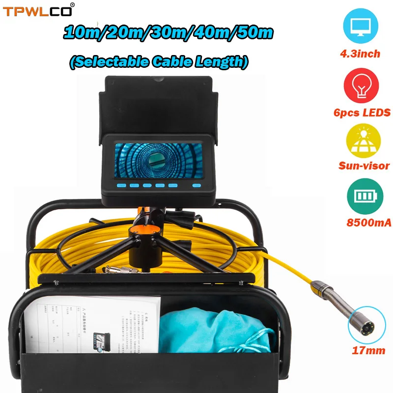 

17mm Small Diameter Pipe Camera 4.3" Screen Industrial Endoscope Pipeline Plumbing Inspection Systems 10m/20m/30m/40m/50m Cable