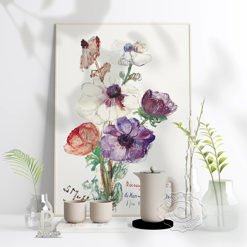 Nieuwjaarsgroet مع Anemonen المشارك ، Sientje Mesdag-Van Houten زهرة ورقة الفن قماش اللوحة ، بهو النبات جدار ديكور فني للمنزل