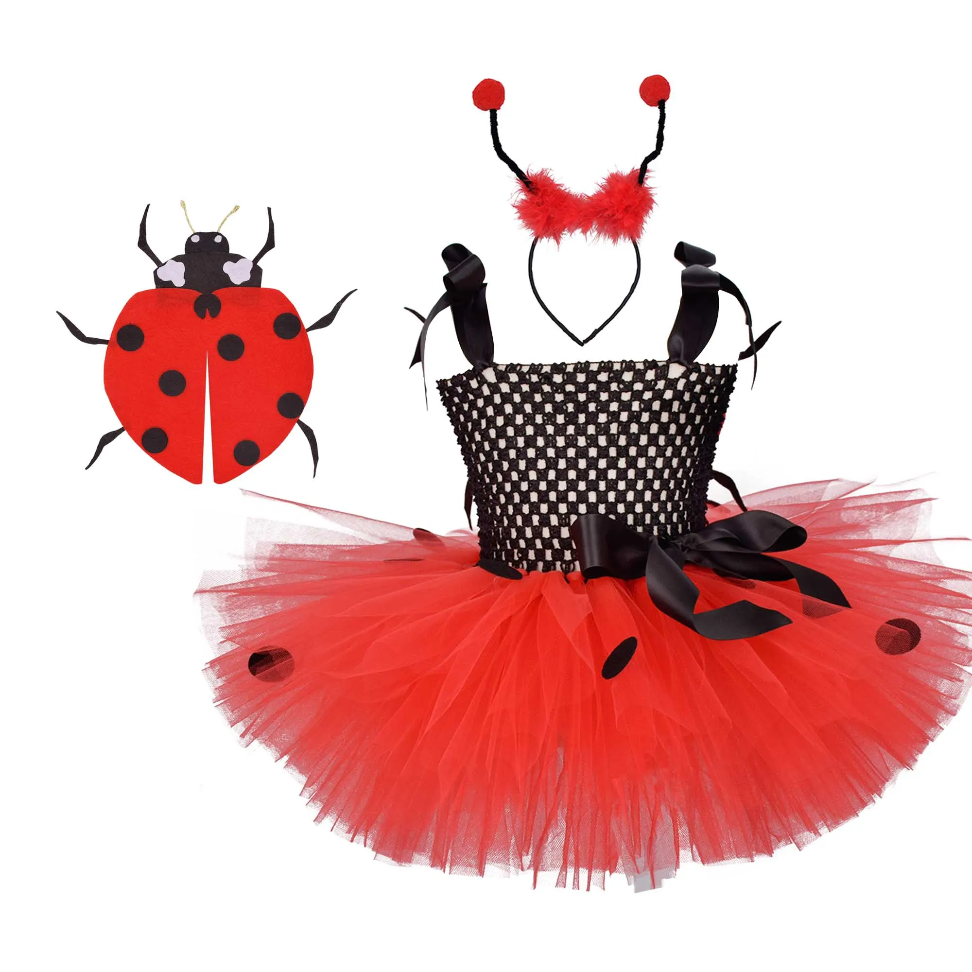 

Girls Ladybug Tutu Dress Red black Polka Dot Birthday Party with Headband Set Kids Cosplay Dance Photo Props Tutu Dresses 0-12Y