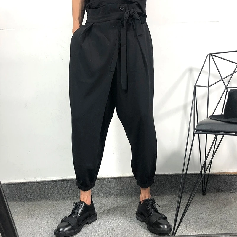 Men's Casual Pants Spring And Autumn New Solid Color Tie Waist Asymmetric Bevel Design Loose Conical Radish Pants