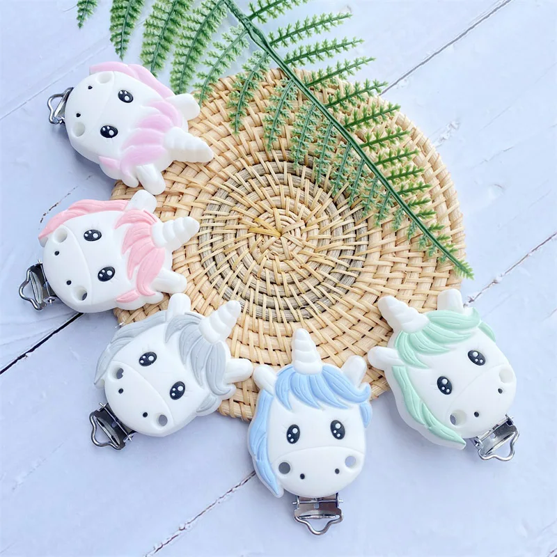 3pcs Silicone Unicorn Pacifier Clips BPA Free Cartoon Animal Teether Beads Pacifier Clip Baby  Pacifier Chain Accessories