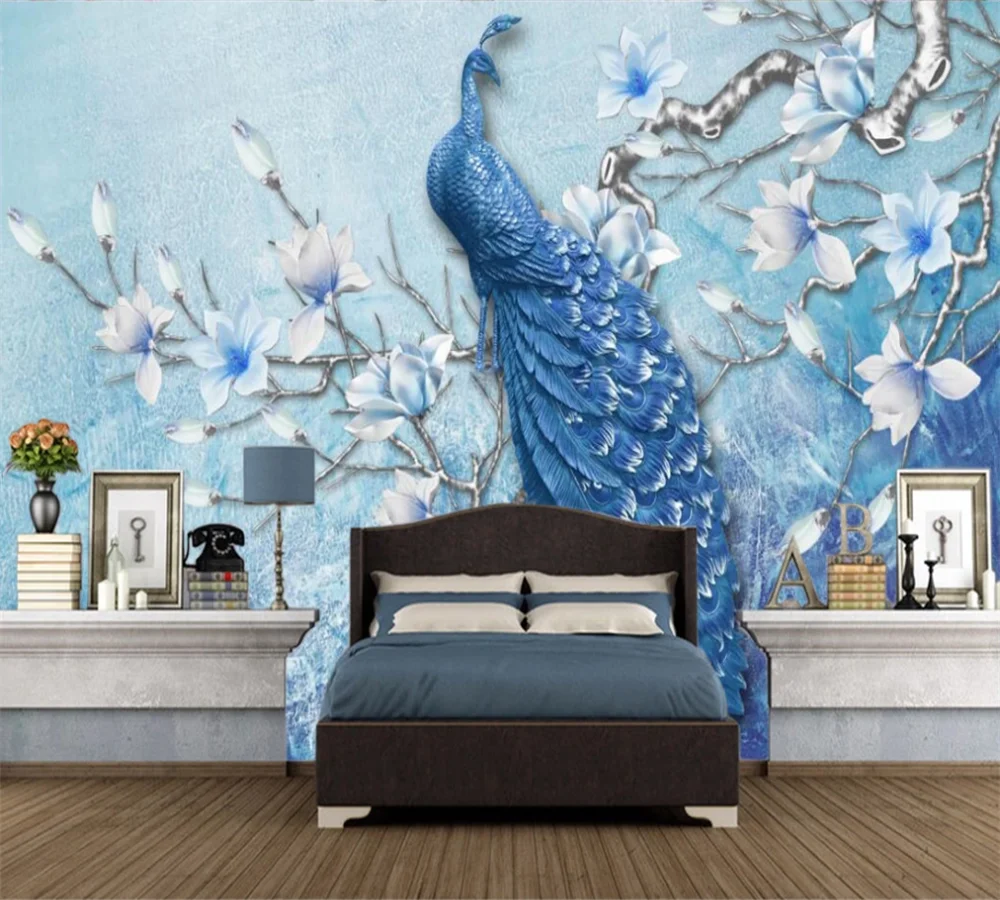 

Custom 3D Wallpaper Mural New Chinese Relief Blue Peacock Magnolia Orchid TV Background Wall