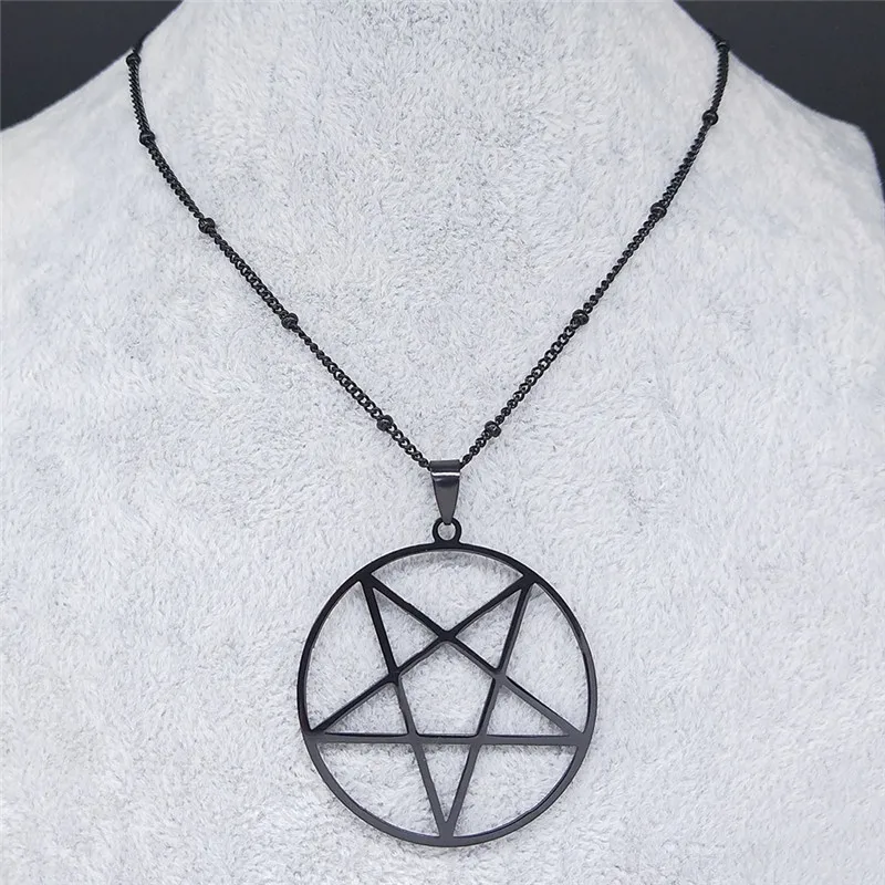 Fashion Witchcraft Satan Pentagram Stainless Steel Chain Necklace Women Black Color Charm Big Necklace Jewelry N3672S03