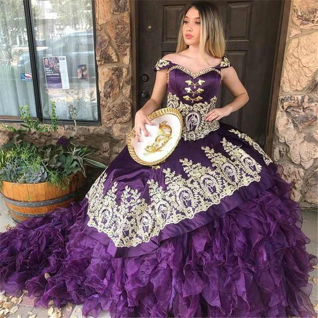 Mexcian Charro Purple Quinceanera Dresses Damas 2021 Organza Satin Gold Lace Off The Shoulder Sweet 16 Dress Ball Gown Prom Gown Quinceanera Dresses