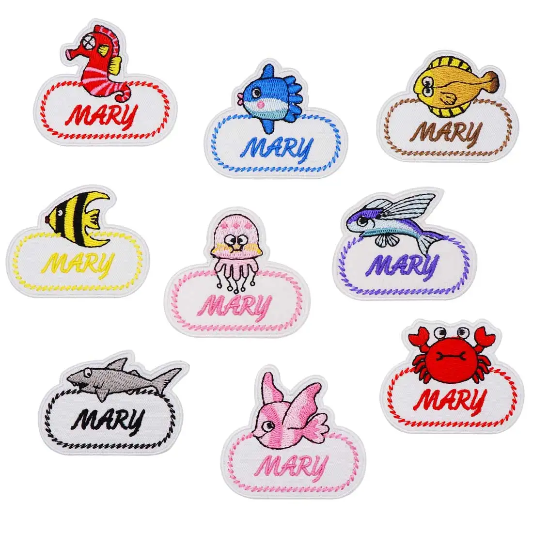 Custom Kids Name Uniforms Patch Cartoon Sea Animal Crab Jellyfish Embroidery Kindergarten Baby Name Badge Applique