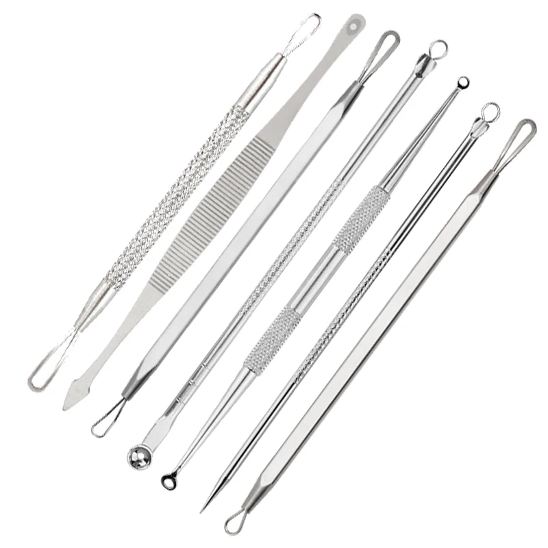 Set for Acne Blackheads Acne 7 Pieces Remove Black Dots Points Comedones Extractor Prick Loops Tweezers Spoons for Face Cleaning