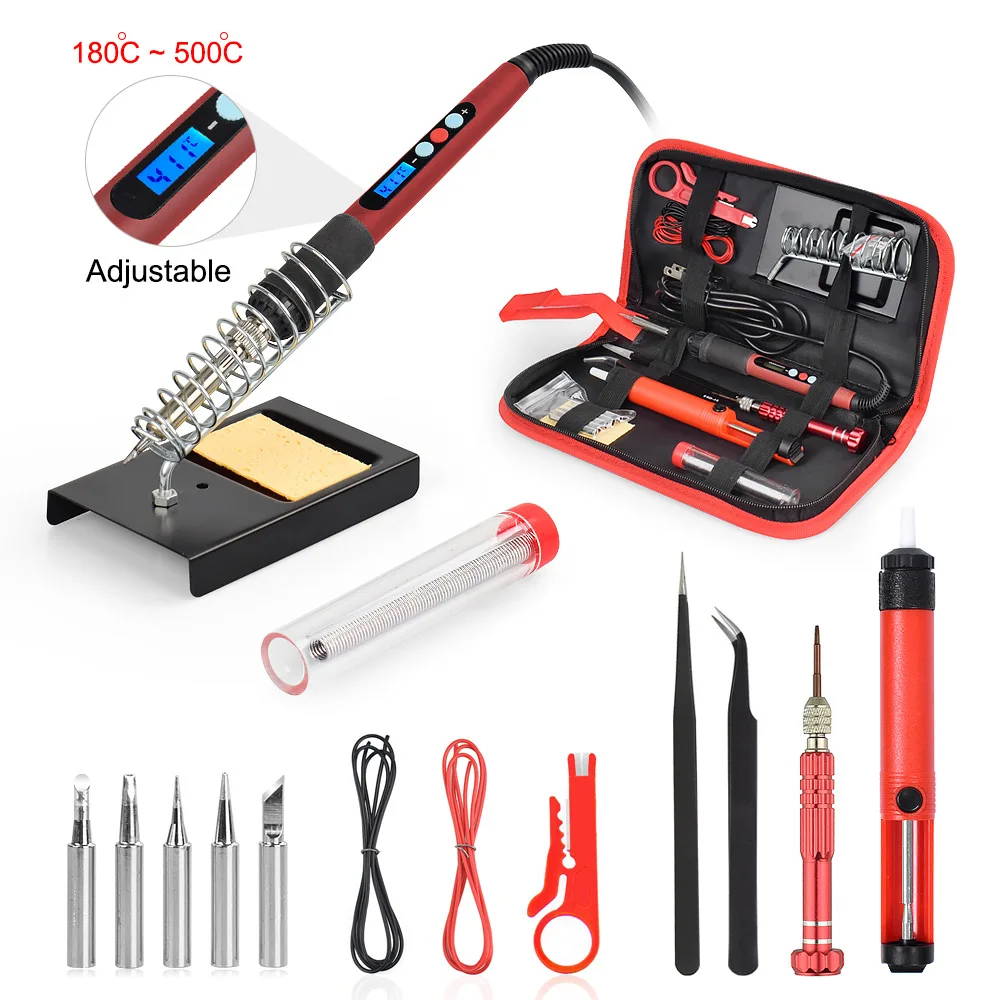 10pcs Electric Soldering Iron Kit 60W Adjust Temperature LCD Solder Iron 220V/110V Ceramic Heated Core Welding DIY Tools Repair