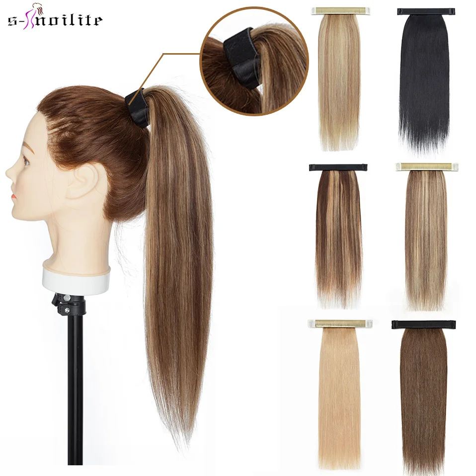 Snoilite 14 "-20" Rambut Manusia Ekor Kuda Melilit Lurus Tali Rambut Brasil Klip Dalam Ekstensi Rambut Remy Ekor Kuda