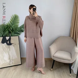 LANMREM Pleated Suit Set For Women 2024 Spring New Lapel Top + Fold Wide Leg Pants Two-piece Set Loose Casual Sets Female 2C2174