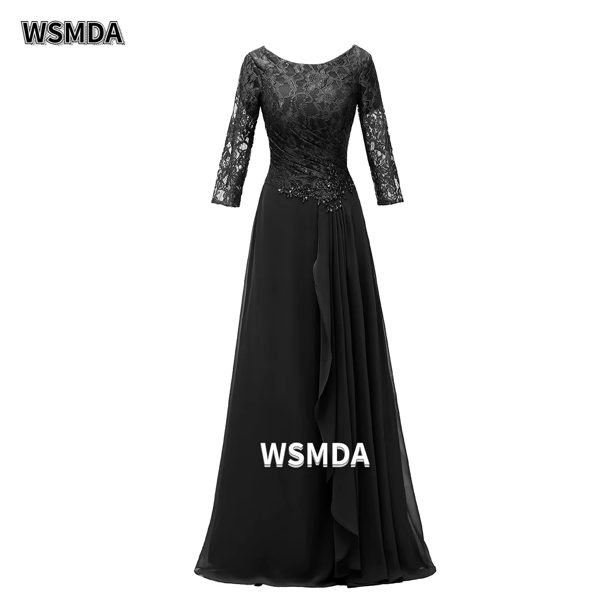 A linha chiffon longo mãe da noiva vestido scoop decote meia mangas rendas plissado formal vestido de noite