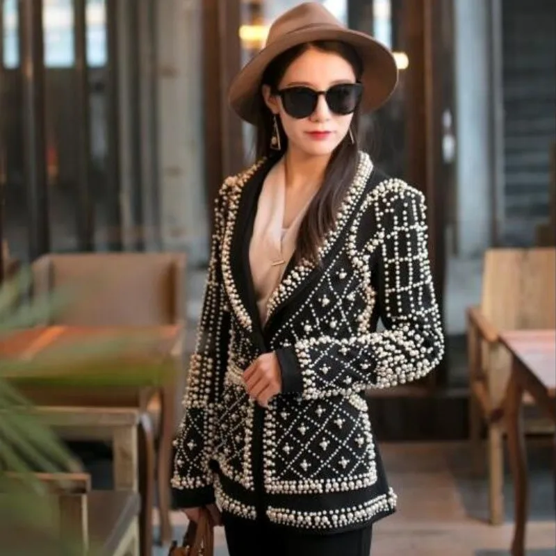 High-quality Fashion Women Black Pearl Suit Jacket Nightclub Costume Female Guest DS Singer DJ Performance Party Blazer Coat