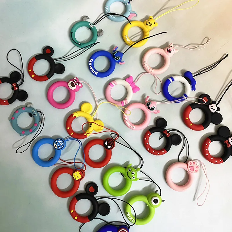 100Pcs Disney Finger Ring Phone Strap Silicone Mobile Phone Lanyard Donuts Wreath Charm Strap For Airpods Key ID Card Lanyards