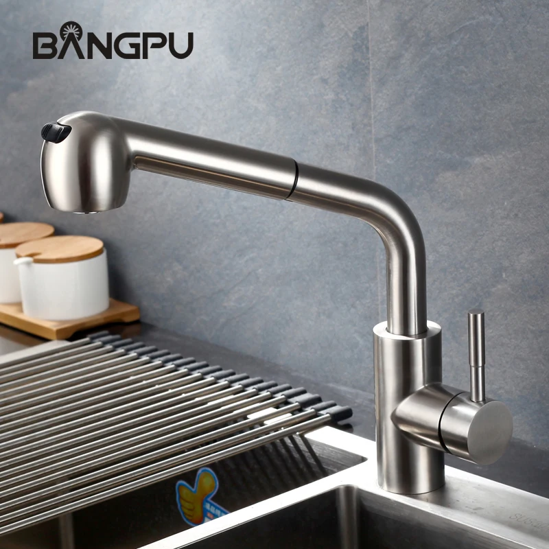 Imagem -03 - Bangpu Cozinha Pull Out Torneira da Pia Único Furo Deck Montado Fluxo Pulverizador Bico de Níquel Escovado