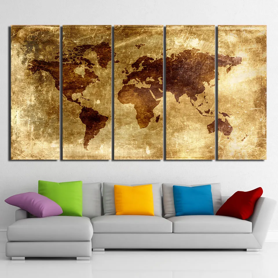 

5 Panel Vintage World Map Modular Wall Art Canvas Poster Pictures HD Print Paintings Home Decor Living Room Bedroom Decoration