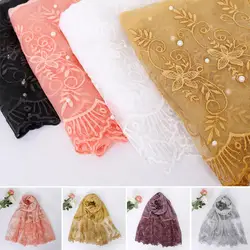 Fashion Women Long Scarf Ethnic Lace Shawl Wrap Cotton Beading Beauty Pashmina Stole Flower Muslim Hijab Headscarf New 180*90CM