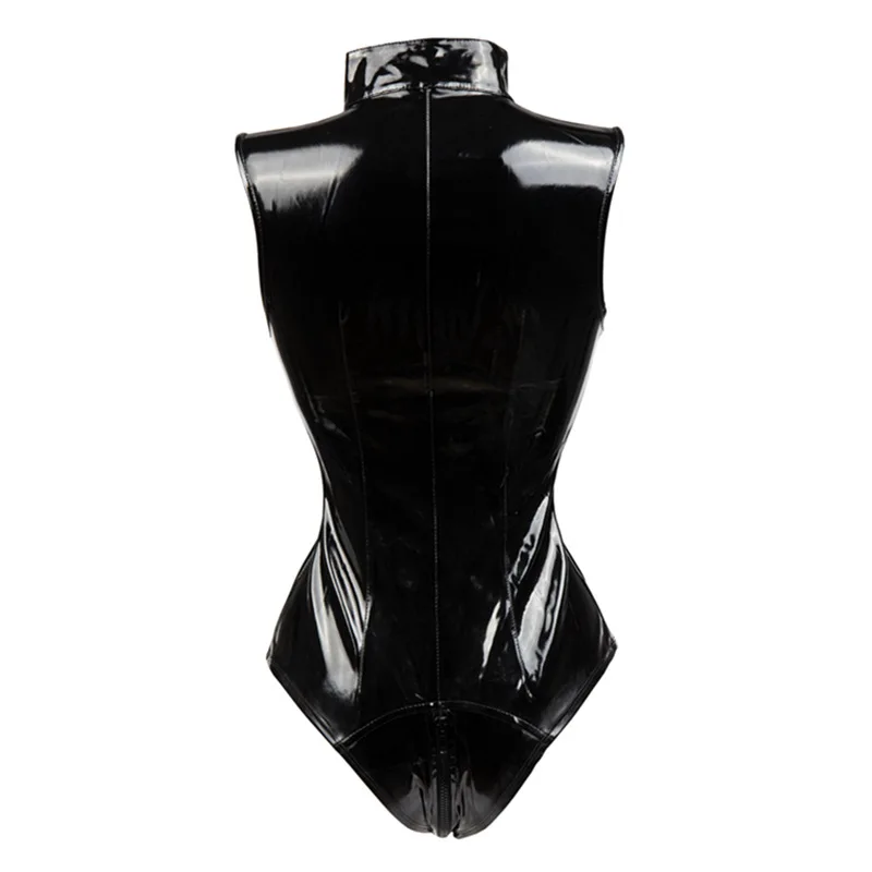 Black Crotch Zipper Sleeveless Sexy Spandex Bodysuit Leather Latex Catsuit PVC Jumpsuit Women Short PU BodySuit Clubwear