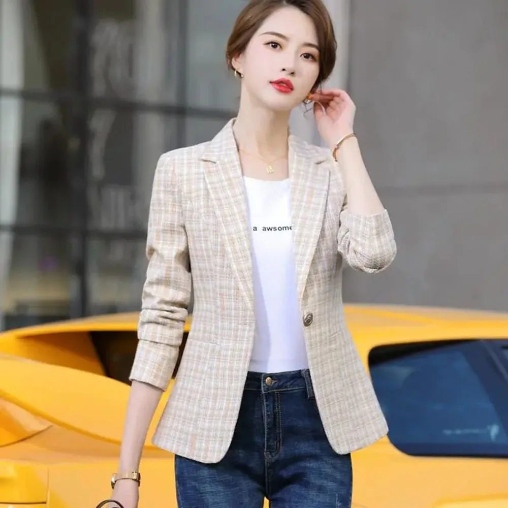 Autumn Winter Outwear Casual Jackets Female Slim Single Button Coat For Office Lady S-5XL Woman Pink Apricot Plaid Blazer