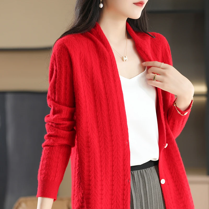 2022 Spring and Autumn New Pure Wool Knitted Cardigan Women Big V-Neck Jacket Trendy Fashion Top Women\'s Clothing Loose Sweater