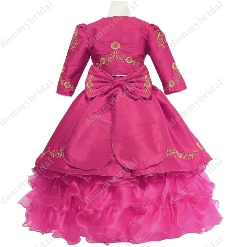 Vintage Gold Embroidery Hot Pink Charro Ball Gown Little Girls Pageant Quinceanera Sweet 15 Anos Dresses for Wedding Party Prom