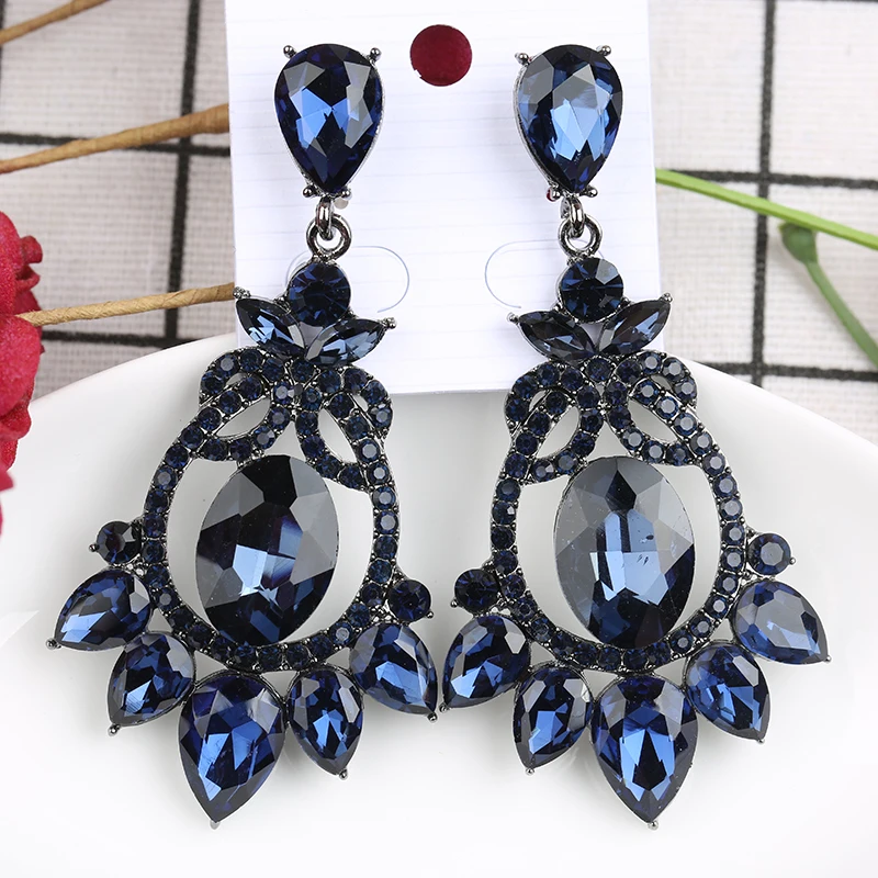 VEYO Vintage Hollow out Dark Bule Rhinestone Drop Earrings Long Crystal Dangle Earrings Jewelry For Women New