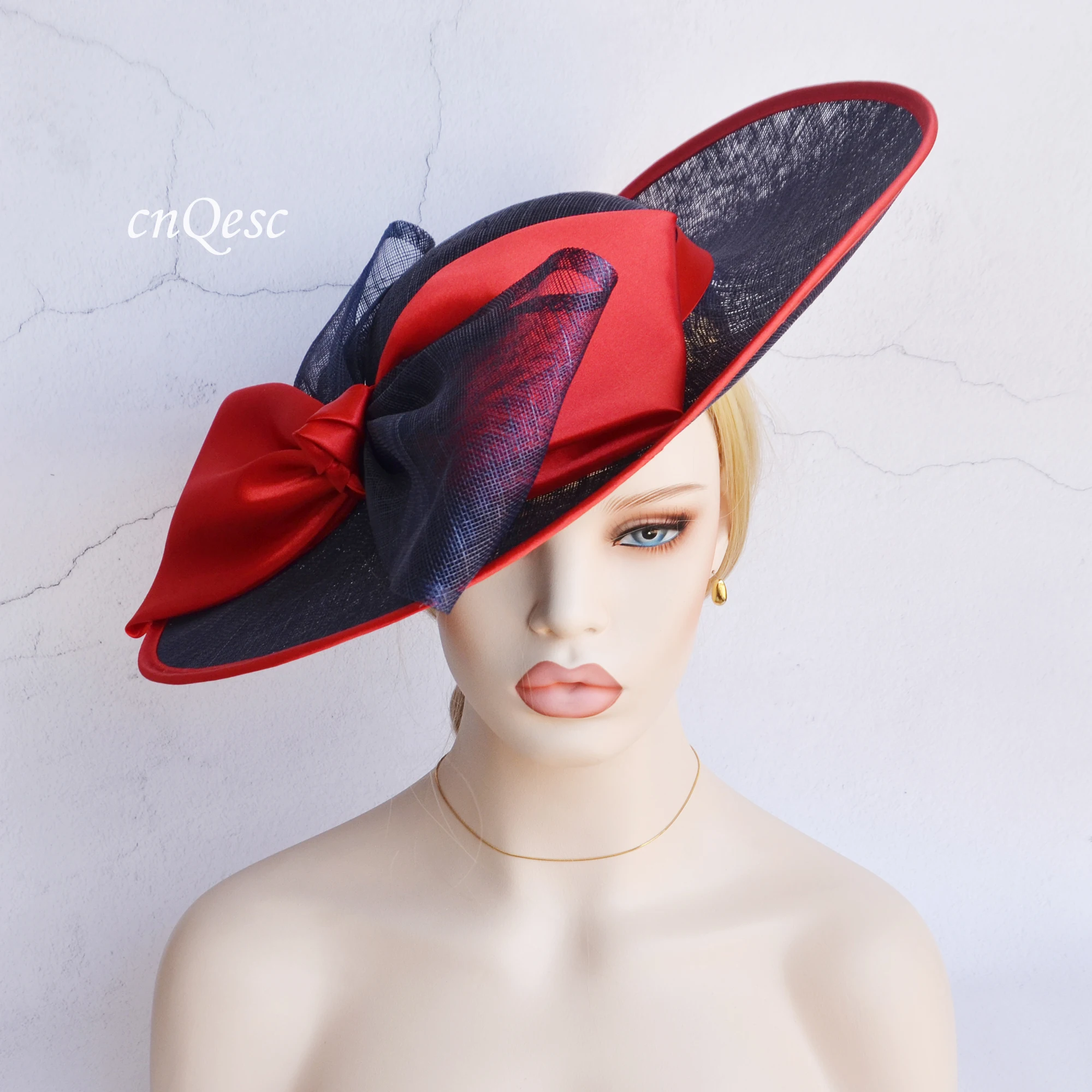 Red/Navy X Large Saucer Hatinator Sinamay Base Fascinator Wedding Hat With Bow For Kentucky Derby Races