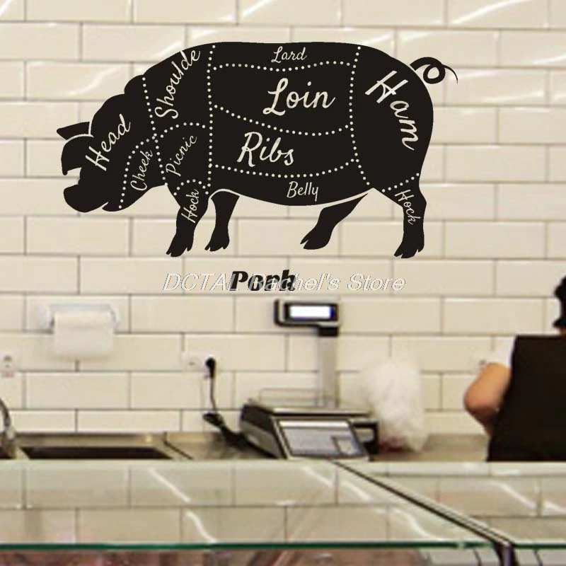 Pork Decals Wall Vinyl Decal Home Decor Art Sticker Pork Cuts Butcher Meat Pig Cattle Room Removable Stylish Mural