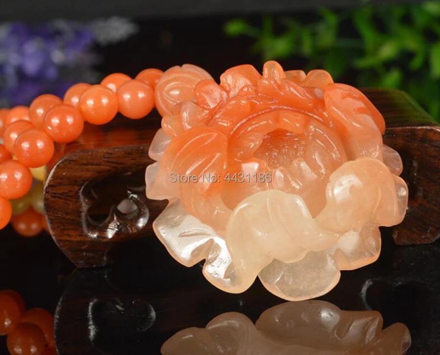 Natural Golden Silk Jade Hand-Carving Peony Theme Woman Gift Pendant Exquisite Jewelry Ornament+Bead Necklace+Gift Box