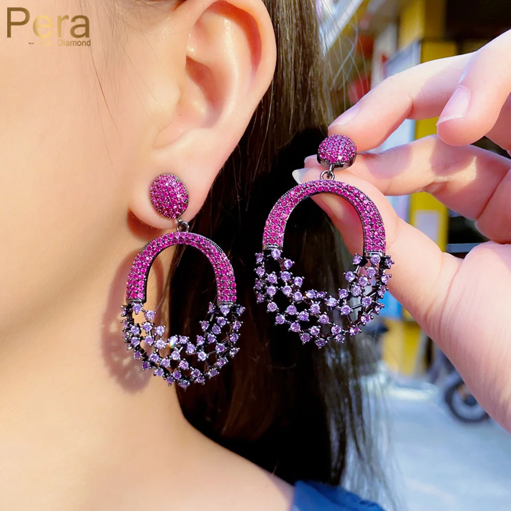 Pera Precious Hot Pink Purple CZ Stone Long Black Gold Colour Big Round Dangle Drop Earrings for Women Appointment Jewelry E841