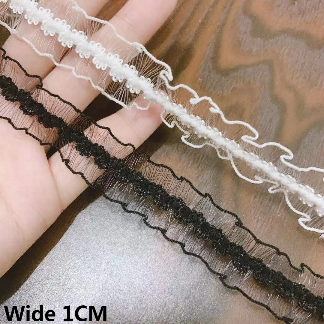 1CM Wide White Black Mesh Stretch Lace Fabirc Embroidered Fringe Ribbon Collar Neckline Elastic Ruffle Trim DIY Sewing Decor